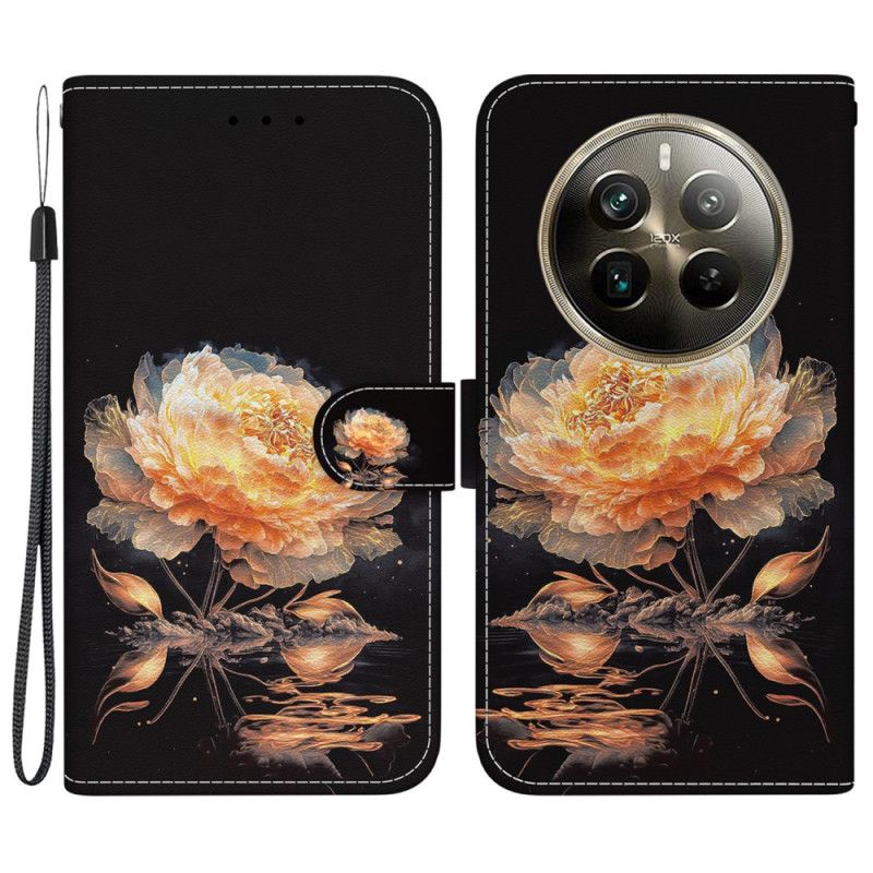 Leren Hoesje Realme 12 Pro / 12 Pro Plus Gouden Pioen Met Riem Bescherming Hoesje