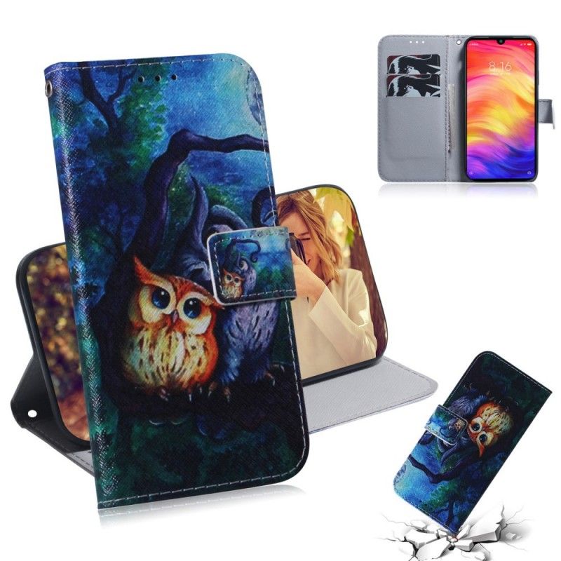 Leren Hoesje Xiaomi Redmi Note 7 Telefoonhoesje Uil Schilderij