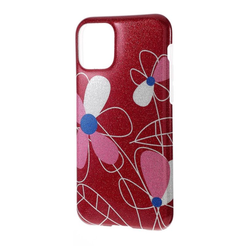 Case Hoesje iPhone 11 Pro Max Lichtblauw Rood Telefoonhoesje Bloemen Glitter