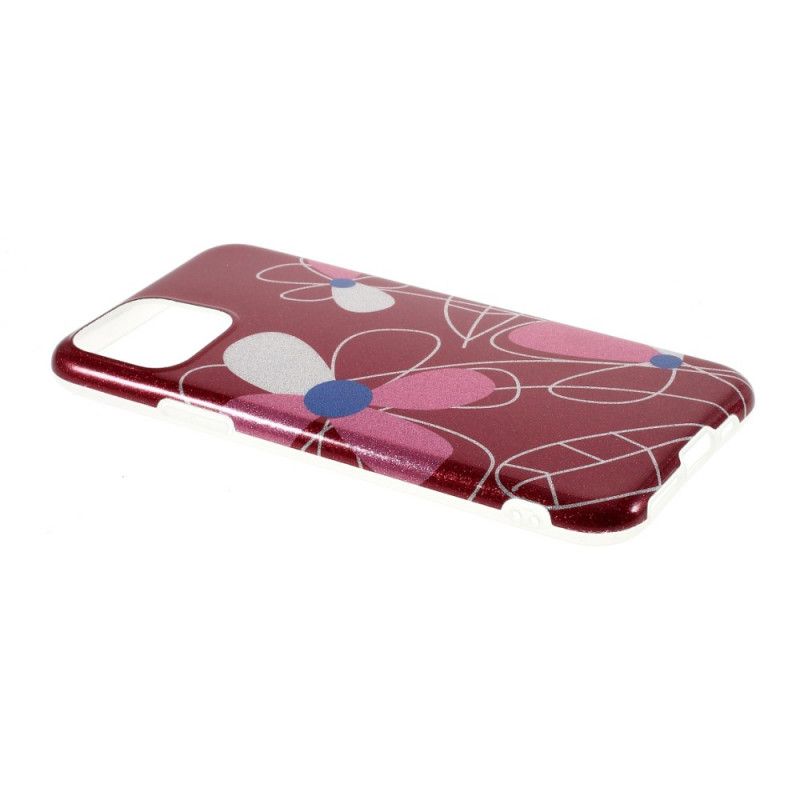 Case Hoesje iPhone 11 Pro Max Lichtblauw Rood Telefoonhoesje Bloemen Glitter