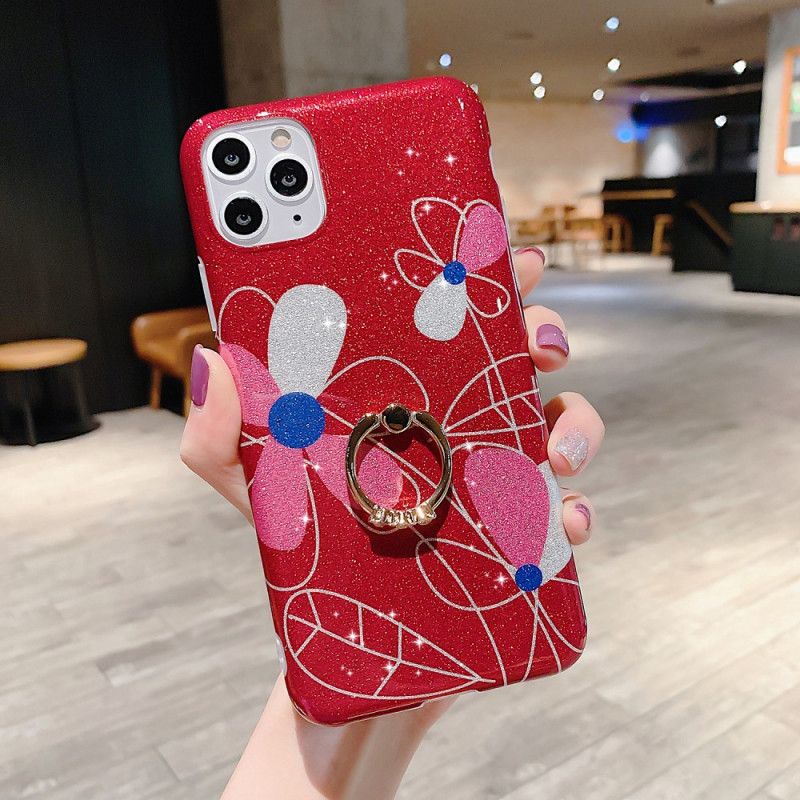 Hoesje iPhone 11 Pro Max Donkerblauw Rood Bloemenring-Houder-Pailletten