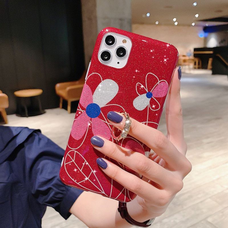 Hoesje iPhone 11 Pro Max Donkerblauw Rood Bloemenring-Houder-Pailletten