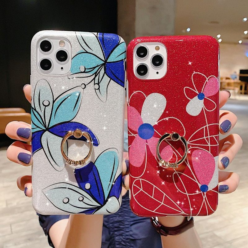 Hoesje iPhone 11 Pro Max Donkerblauw Rood Bloemenring-Houder-Pailletten