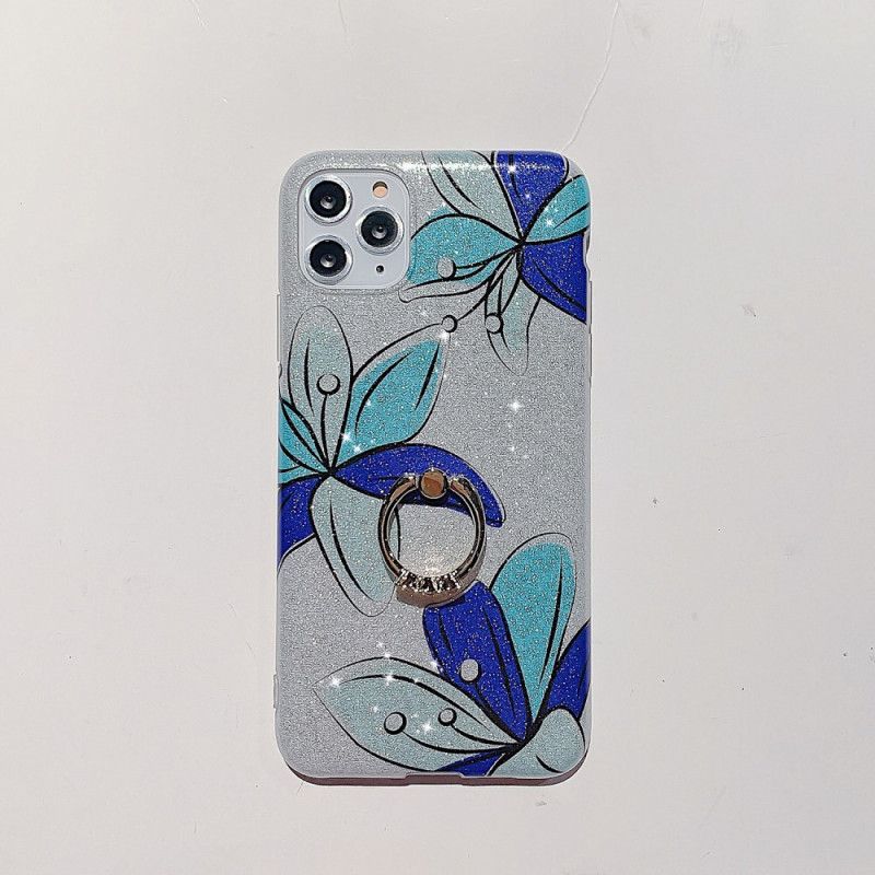 Hoesje iPhone 11 Pro Max Donkerblauw Rood Bloemenring-Houder-Pailletten