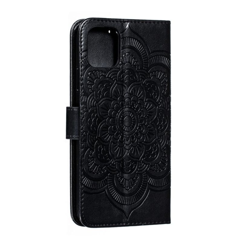 Leren Hoesje iPhone 11 Pro Max Grijs Zwart Hele Mandala Met String