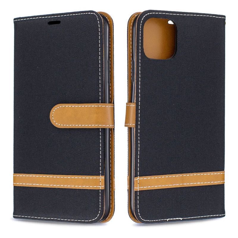 Leren Hoesje voor iPhone 11 Pro Max Grijs Zwart Stof En Leereffect Met String