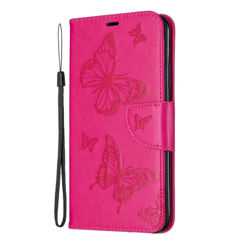 Leren Hoesje voor iPhone 11 Pro Max Magenta Grijs Bedrukte Vlinders Met String