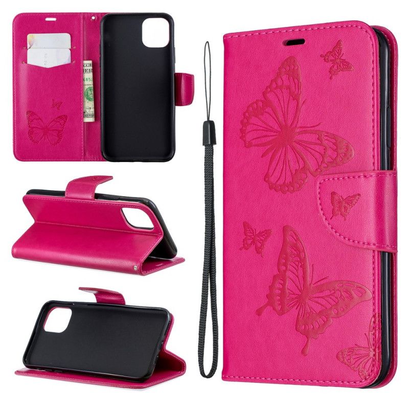 Leren Hoesje voor iPhone 11 Pro Max Magenta Grijs Bedrukte Vlinders Met String