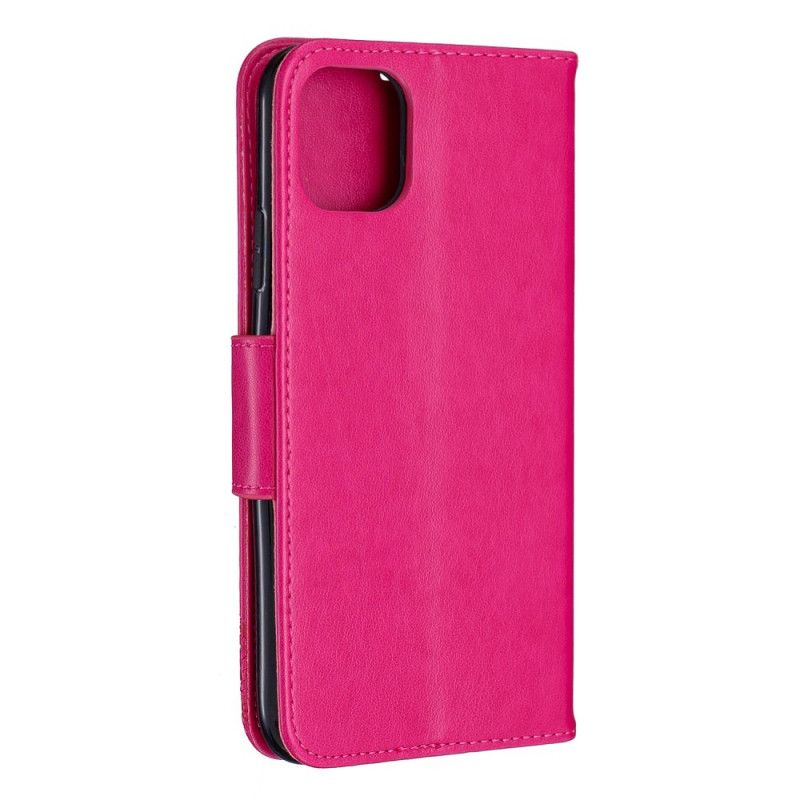 Leren Hoesje voor iPhone 11 Pro Max Magenta Grijs Bedrukte Vlinders Met String