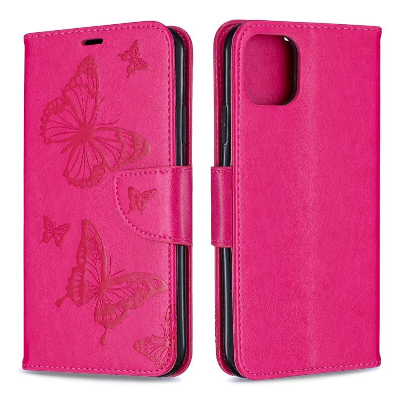 Leren Hoesje voor iPhone 11 Pro Max Magenta Grijs Bedrukte Vlinders Met String