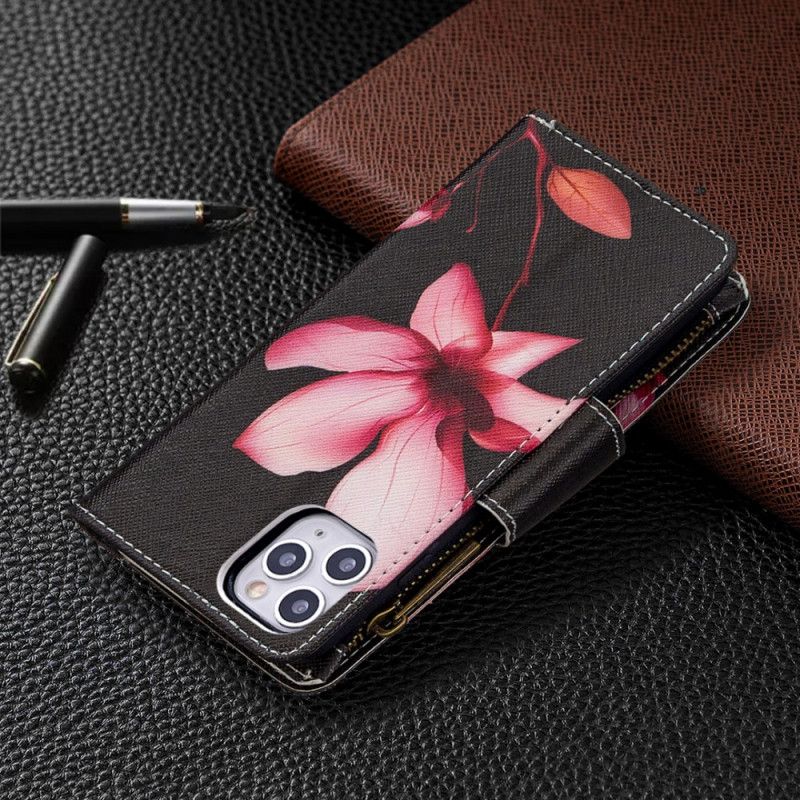 Leren Hoesje voor iPhone 11 Pro Max Wit Zwart Bloemenzak Met Ritssluiting