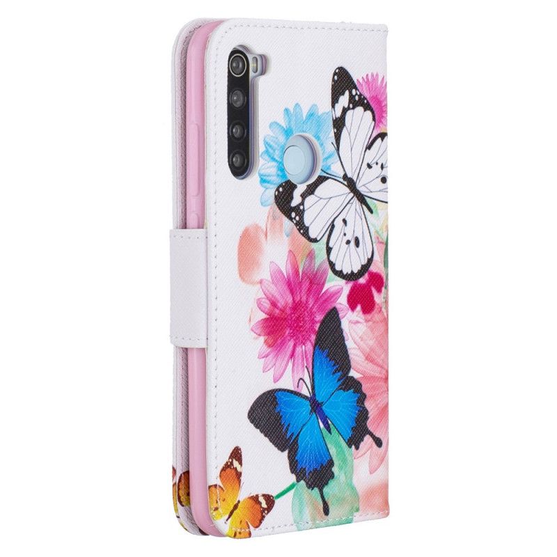 Flip Case Leren Xiaomi Redmi Note 8 Lichtblauw Magenta Geschilderde Vlinders En Bloemen