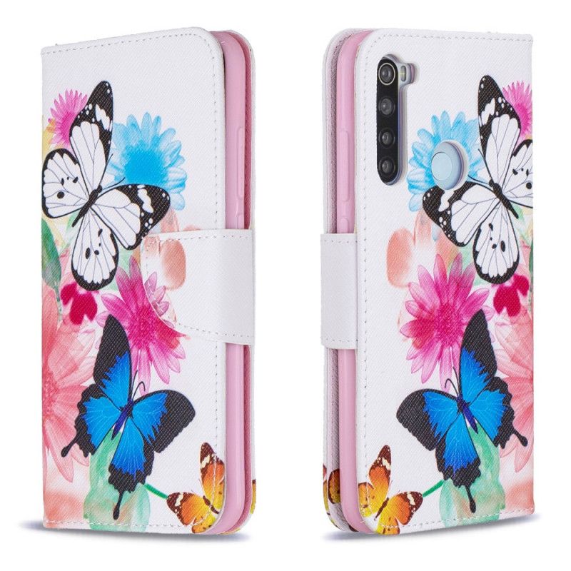 Flip Case Leren Xiaomi Redmi Note 8 Lichtblauw Magenta Geschilderde Vlinders En Bloemen