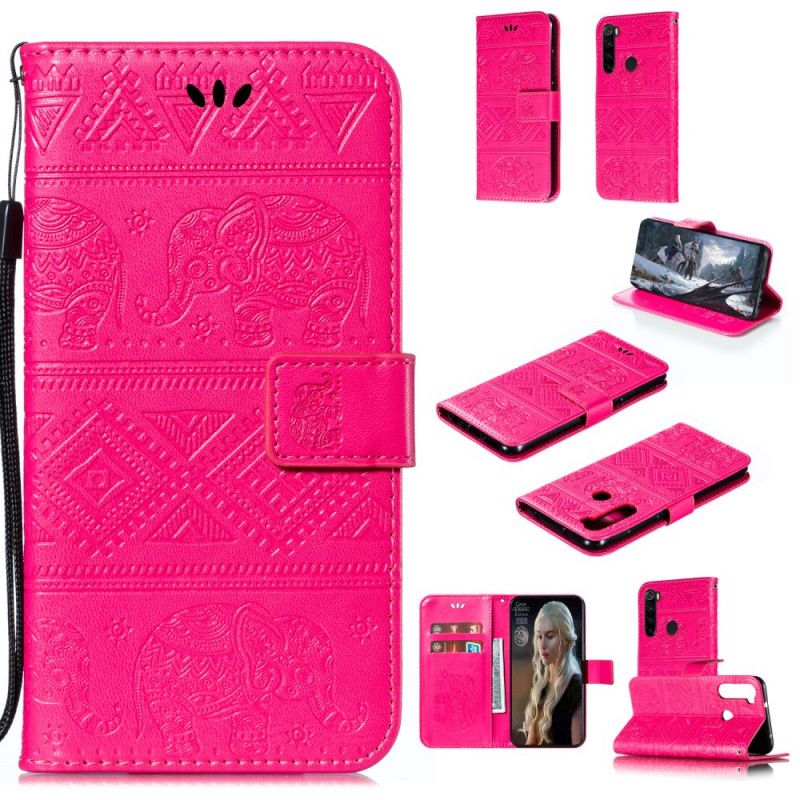 Leren Hoesje voor Xiaomi Redmi Note 8 Donkerblauw Magenta Kunstleer Tribale Olifanten