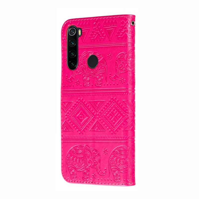 Leren Hoesje voor Xiaomi Redmi Note 8 Donkerblauw Magenta Kunstleer Tribale Olifanten