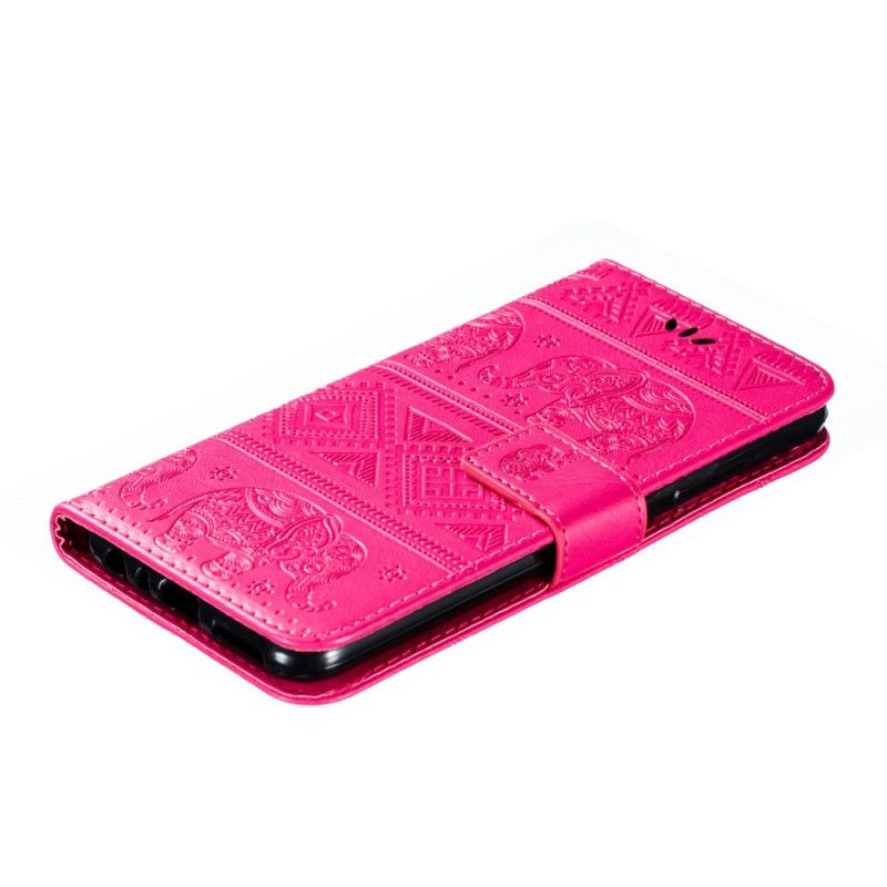 Leren Hoesje voor Xiaomi Redmi Note 8 Donkerblauw Magenta Kunstleer Tribale Olifanten