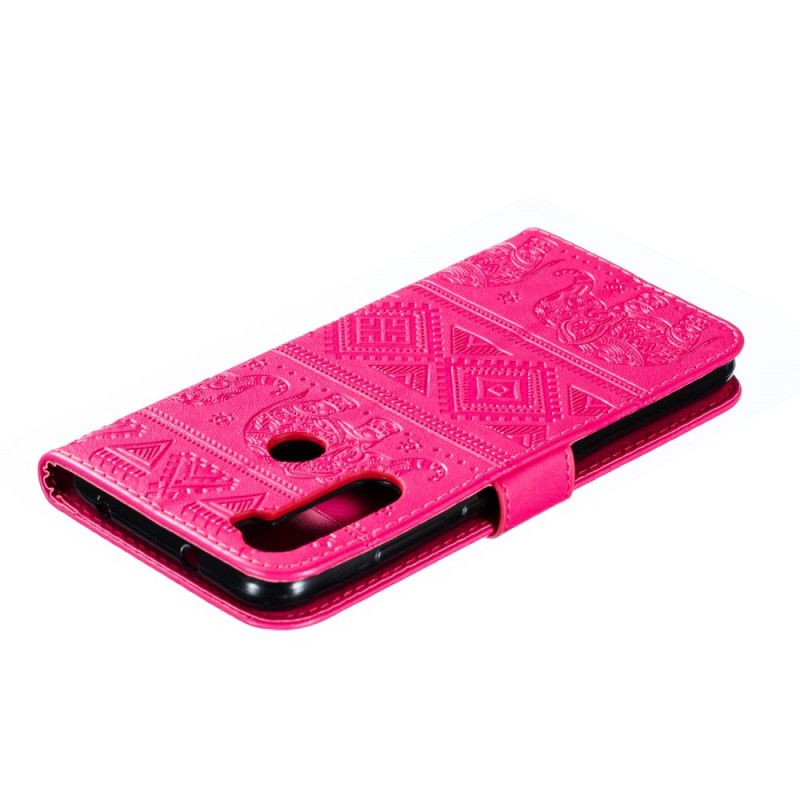 Leren Hoesje voor Xiaomi Redmi Note 8 Donkerblauw Magenta Kunstleer Tribale Olifanten