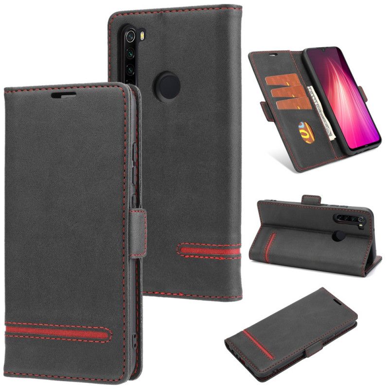 Leren Hoesje voor Xiaomi Redmi Note 8 Rood Zwart Fijne Lijn Dubbele Flap