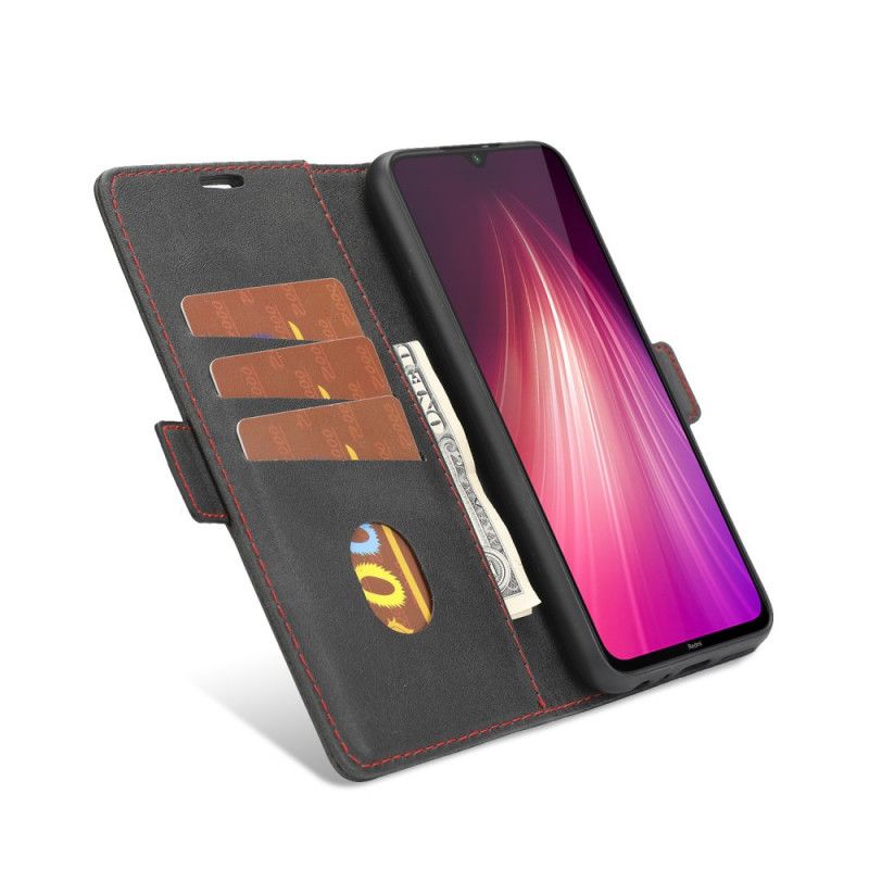 Leren Hoesje voor Xiaomi Redmi Note 8 Rood Zwart Fijne Lijn Dubbele Flap