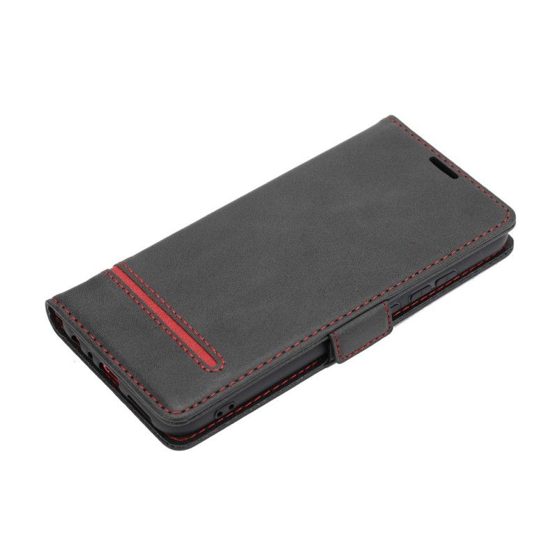 Leren Hoesje voor Xiaomi Redmi Note 8 Rood Zwart Fijne Lijn Dubbele Flap