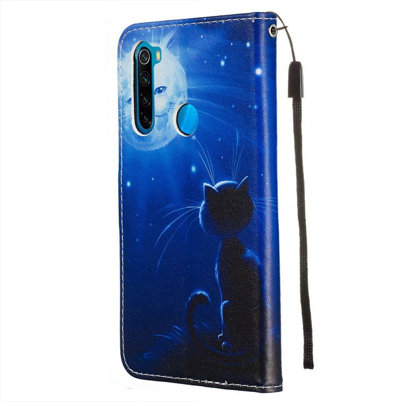 Leren Hoesje Xiaomi Redmi Note 8 Kat In Het Maanlicht Met String