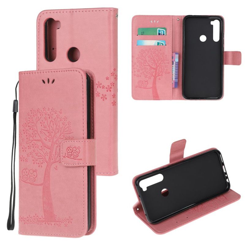 Leren Hoesje Xiaomi Redmi Note 8 Lichtblauw Roze Boom En String Uilen