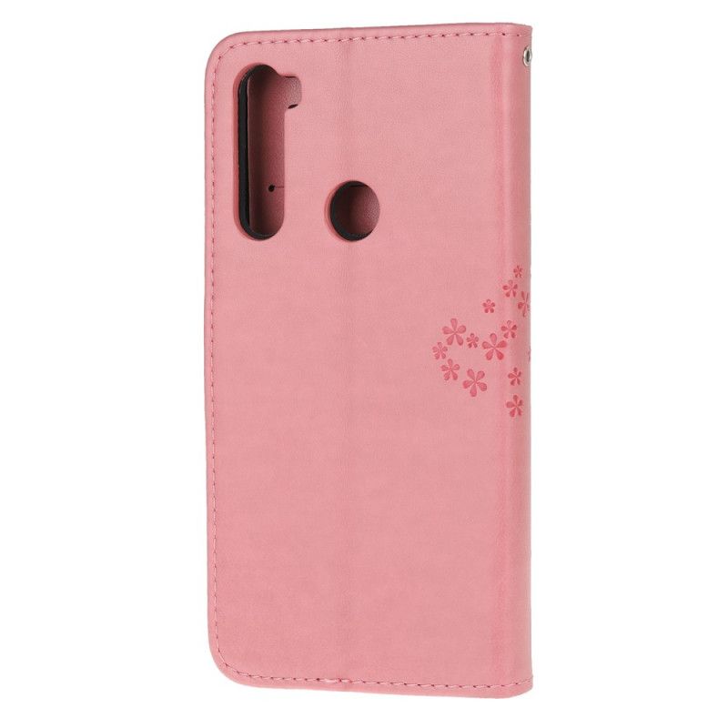 Leren Hoesje Xiaomi Redmi Note 8 Lichtblauw Roze Boom En String Uilen