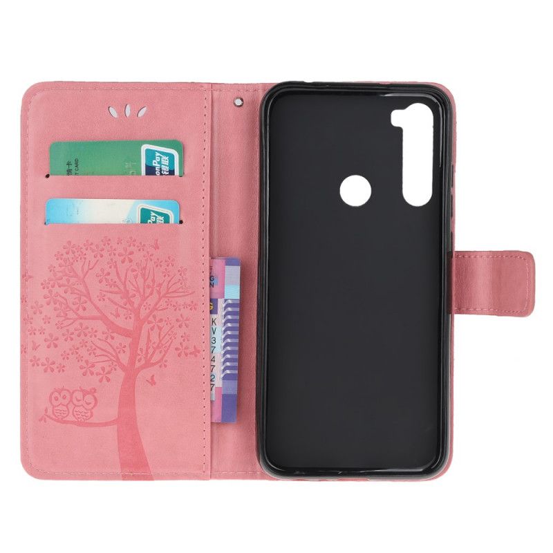 Leren Hoesje Xiaomi Redmi Note 8 Lichtblauw Roze Boom En String Uilen