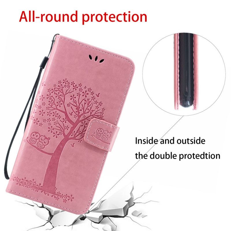 Leren Hoesje Xiaomi Redmi Note 8 Lichtblauw Roze Boom En String Uilen