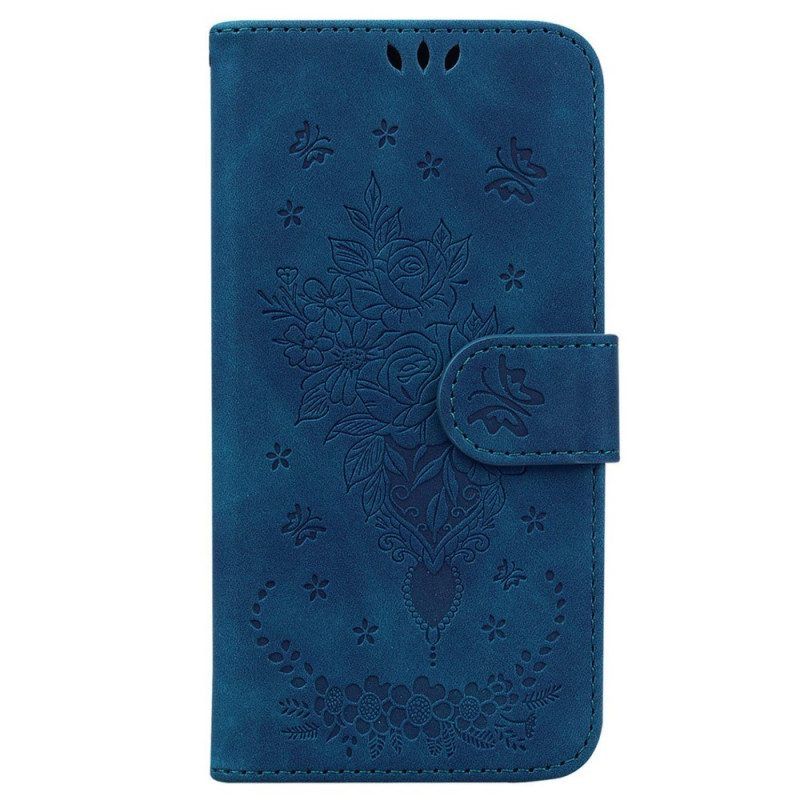 Folio-hoesje voor Samsung Galaxy M13 Met Ketting Strappy Rozen En Vlinders