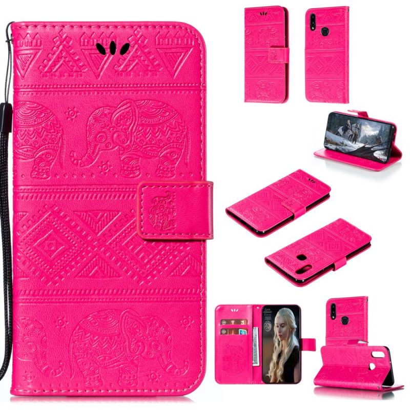 Flip Case Leren Samsung Galaxy A10s Donkerblauw Magenta Kunstleer Tribale Olifanten