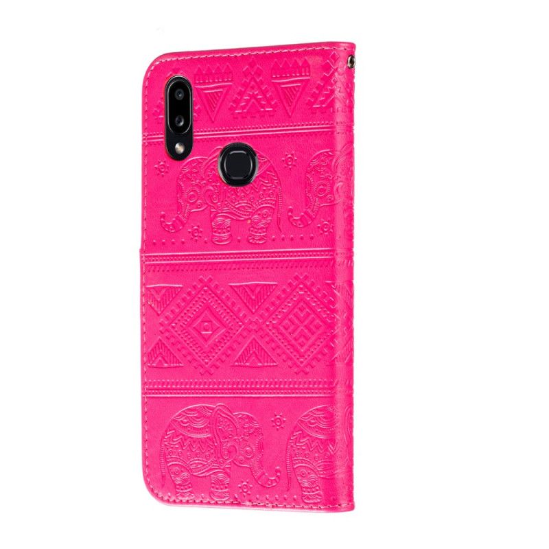 Flip Case Leren Samsung Galaxy A10s Donkerblauw Magenta Kunstleer Tribale Olifanten