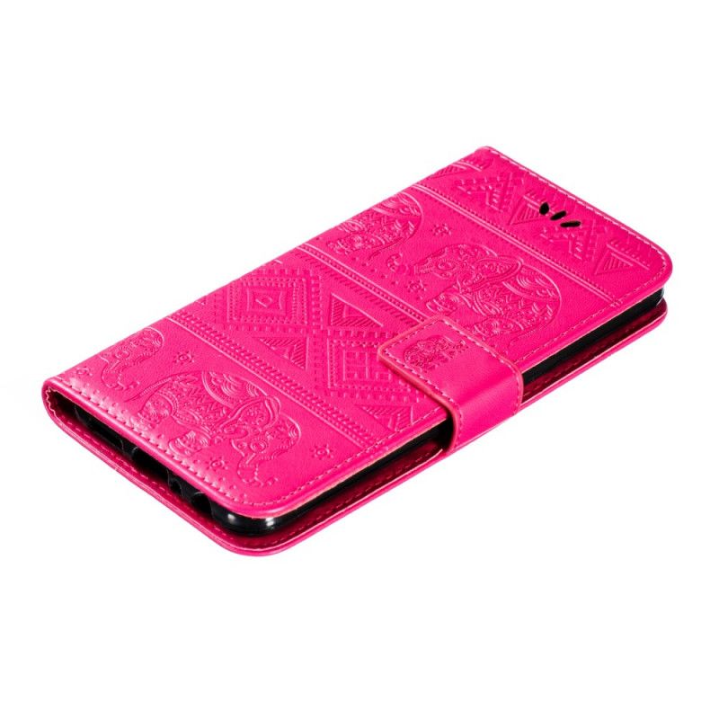 Flip Case Leren Samsung Galaxy A10s Donkerblauw Magenta Kunstleer Tribale Olifanten