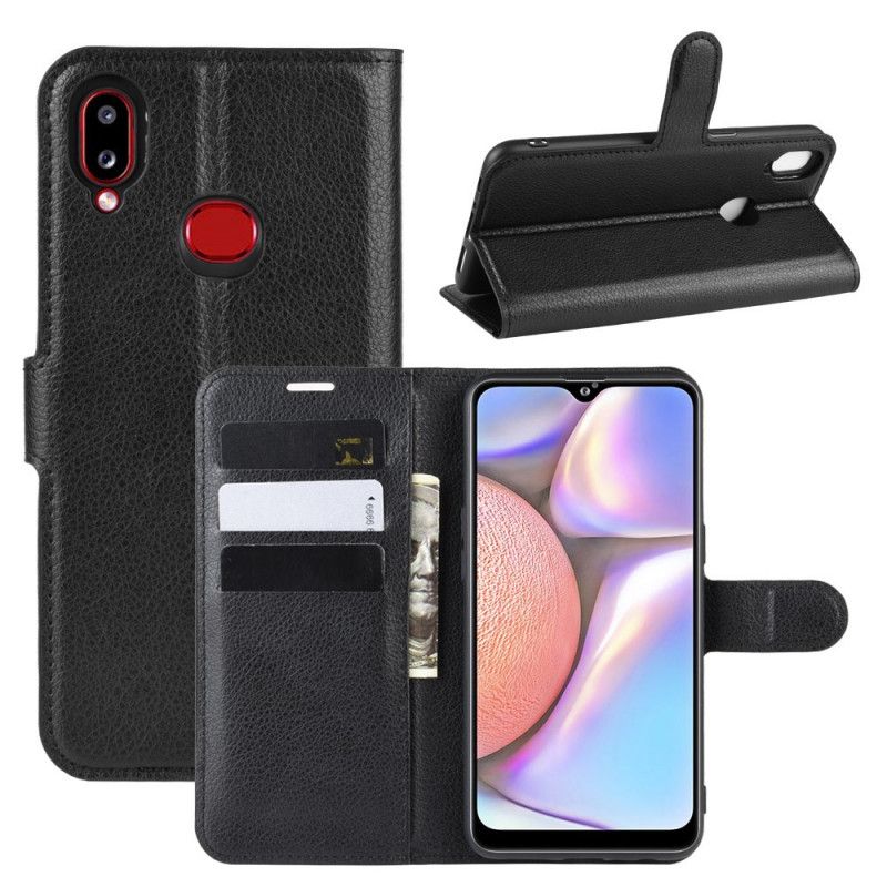 Flip Case Leren Samsung Galaxy A10s Wit Zwart Klassiek Lychee Leereffect