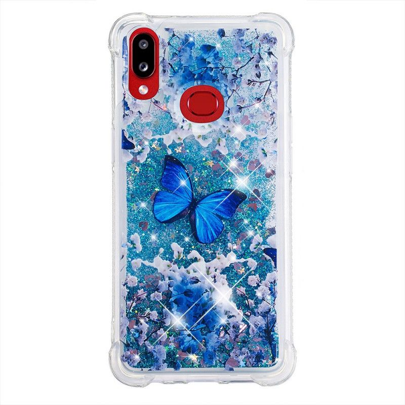 Hoesje Samsung Galaxy A10s Telefoonhoesje Blauwe Glittervlinders