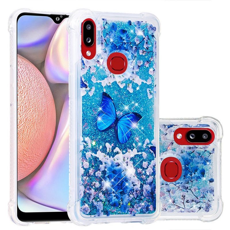 Hoesje Samsung Galaxy A10s Telefoonhoesje Blauwe Glittervlinders