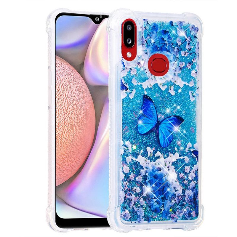 Hoesje Samsung Galaxy A10s Telefoonhoesje Blauwe Glittervlinders