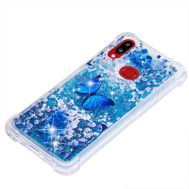 Hoesje Samsung Galaxy A10s Telefoonhoesje Blauwe Glittervlinders