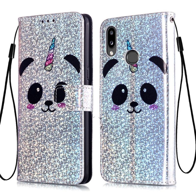 Leren Hoesje Samsung Galaxy A10s Panda Op Glitter Achtergrond