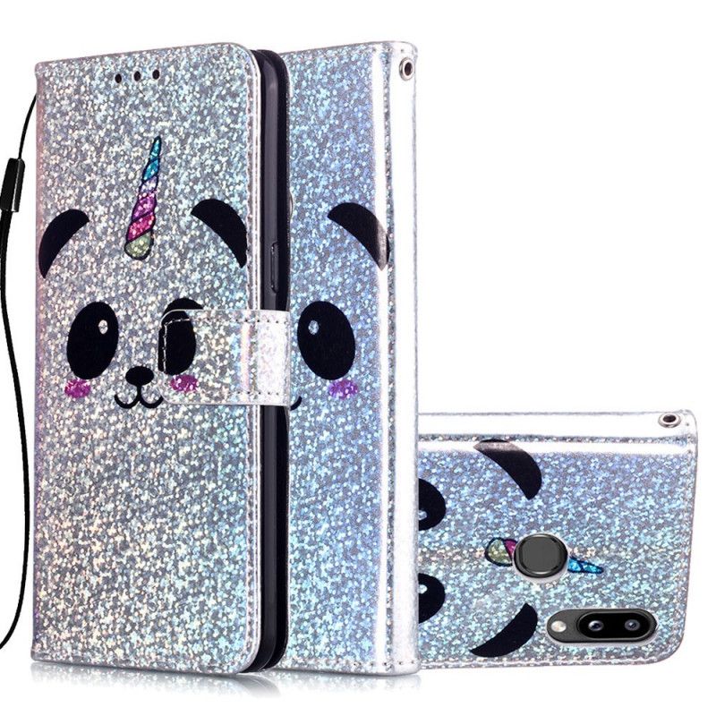 Leren Hoesje Samsung Galaxy A10s Panda Op Glitter Achtergrond