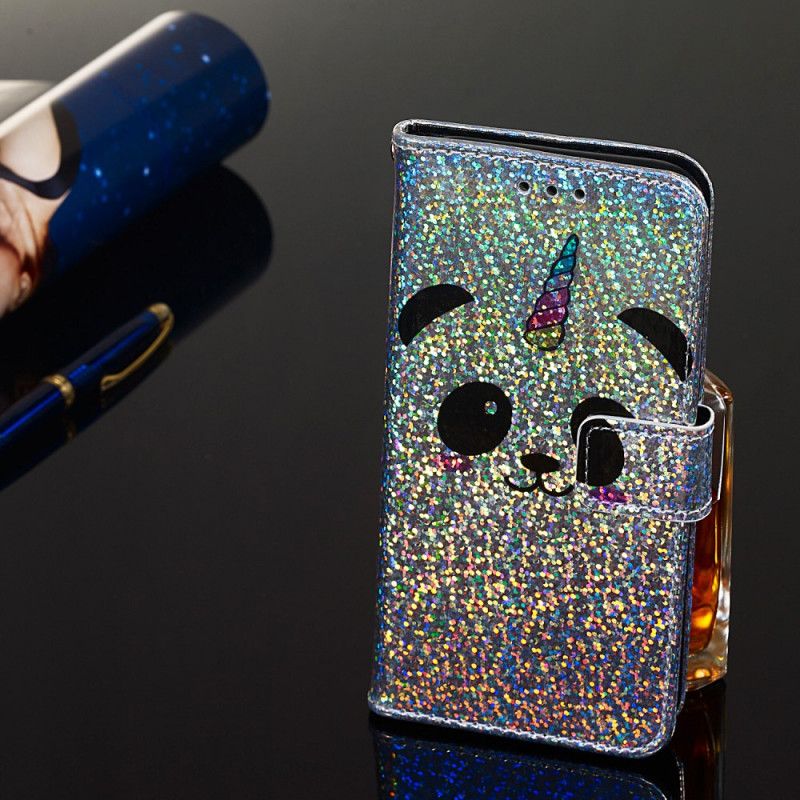 Leren Hoesje Samsung Galaxy A10s Panda Op Glitter Achtergrond