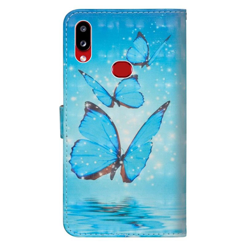 Leren Hoesje Samsung Galaxy A10s Telefoonhoesje Lichtvlek Vliegende Blauwe Vlinders