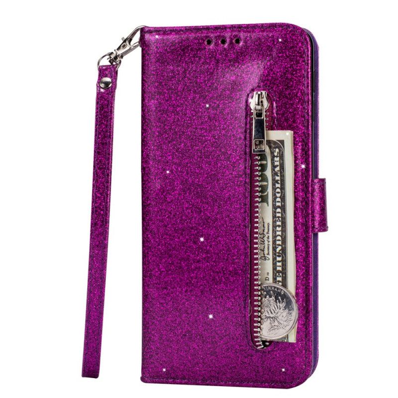 Leren Hoesje voor Samsung Galaxy A10s Magenta Zwart Portemonnee Met Glitter In Lan