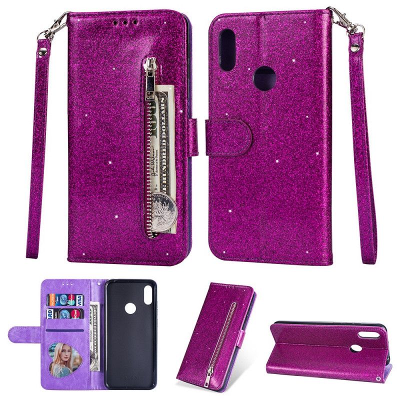 Leren Hoesje voor Samsung Galaxy A10s Magenta Zwart Portemonnee Met Glitter In Lan