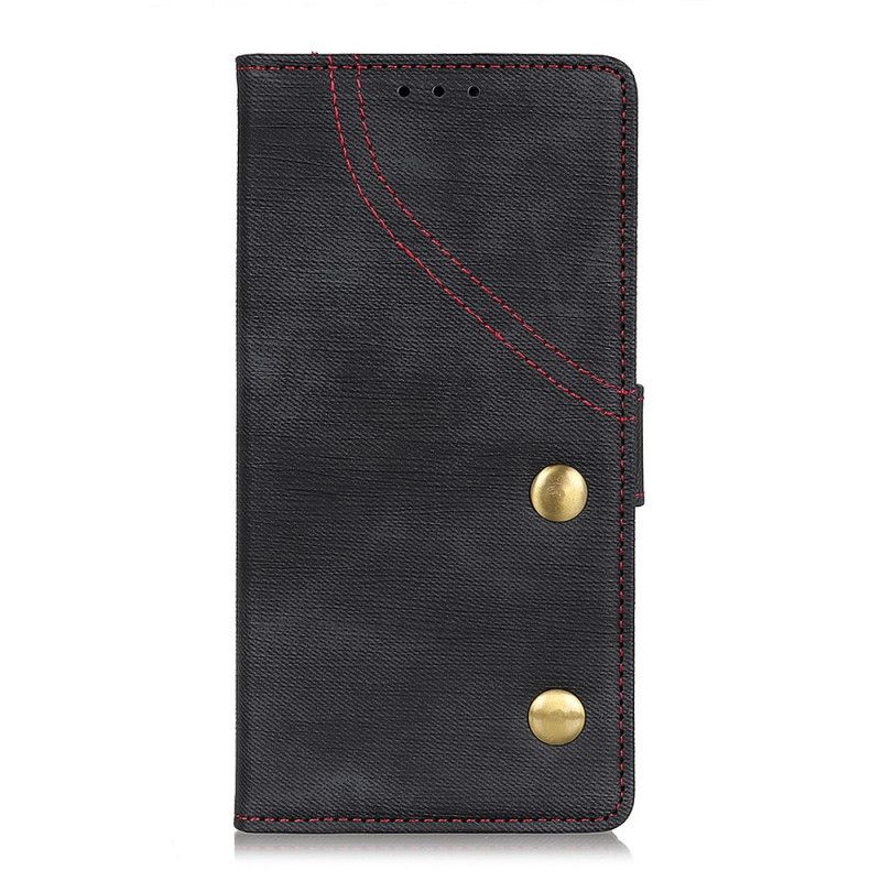 Leren Hoesje voor Samsung Galaxy A10s Rood Zwart Geklonken Jeans