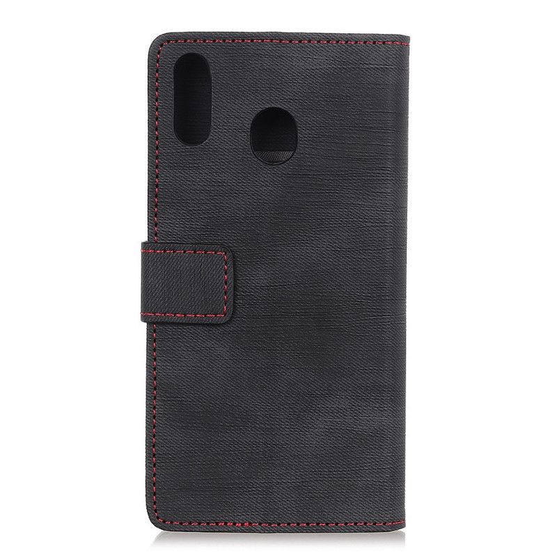 Leren Hoesje voor Samsung Galaxy A10s Rood Zwart Geklonken Jeans