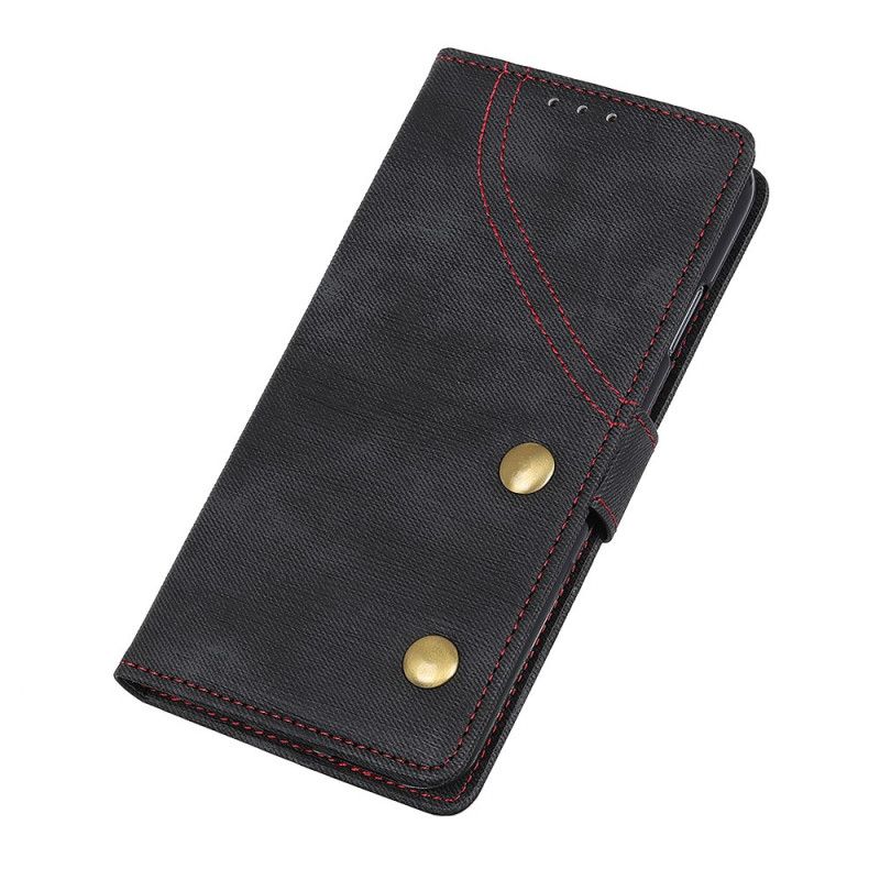 Leren Hoesje voor Samsung Galaxy A10s Rood Zwart Geklonken Jeans