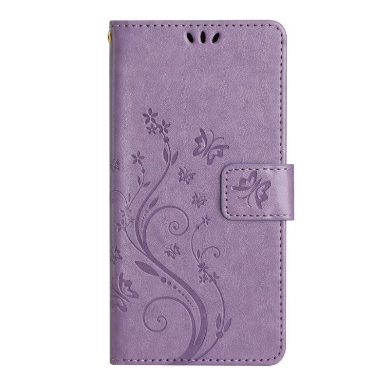 Leren Hoesje voor Samsung Galaxy A54 5G Met Ketting Bloemen En Vlinders Met Riem