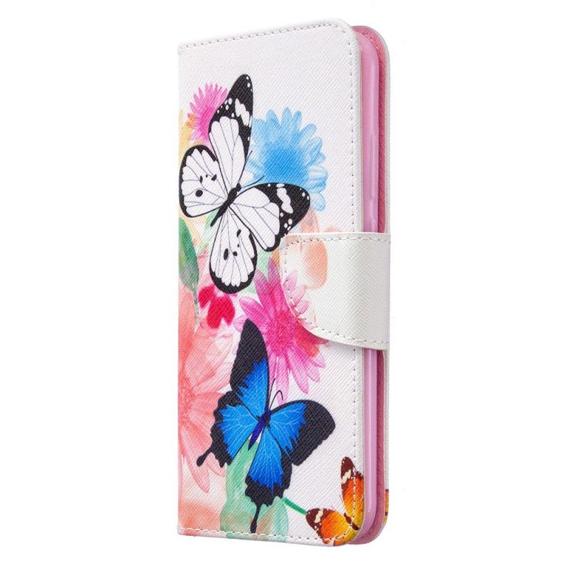 Flip Case Leren Huawei P40 Lite E / Y7p Lichtblauw Magenta Geschilderde Vlinders En Bloemen