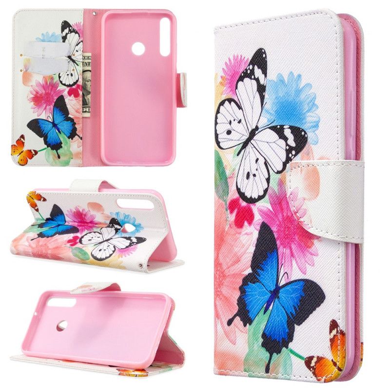 Flip Case Leren Huawei P40 Lite E / Y7p Lichtblauw Magenta Geschilderde Vlinders En Bloemen